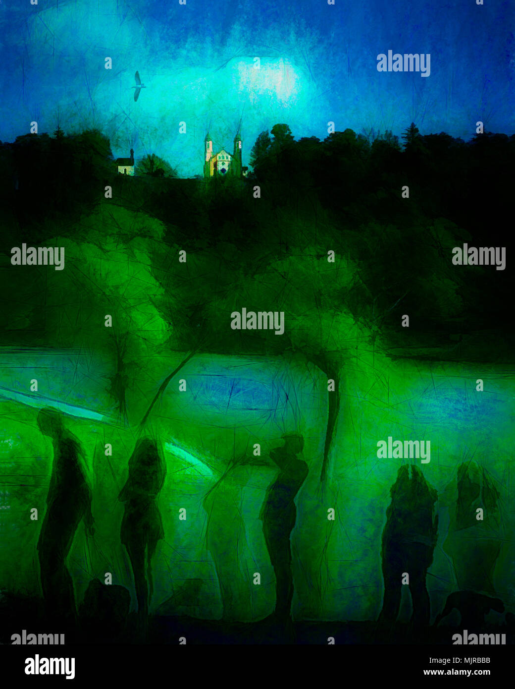 ART CONTEMPORAIN : une promenade le long de la rivière (rivière Isar & Kalvarienberg à Bad Tölz, Bavière, Allemagne) Banque D'Images