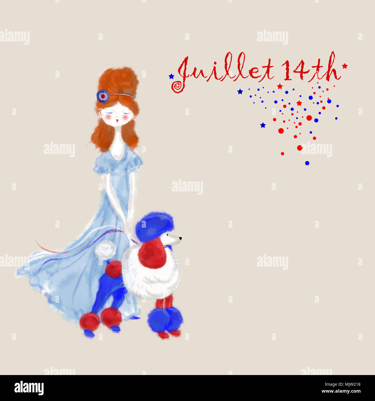 Mademoiselle et son caniche Carte pour Bastille Day Celebration. Pour la France de dessin animé Fete nationale. Modèle pour le jour de la Bastille Annonce de manifestation. Banque D'Images