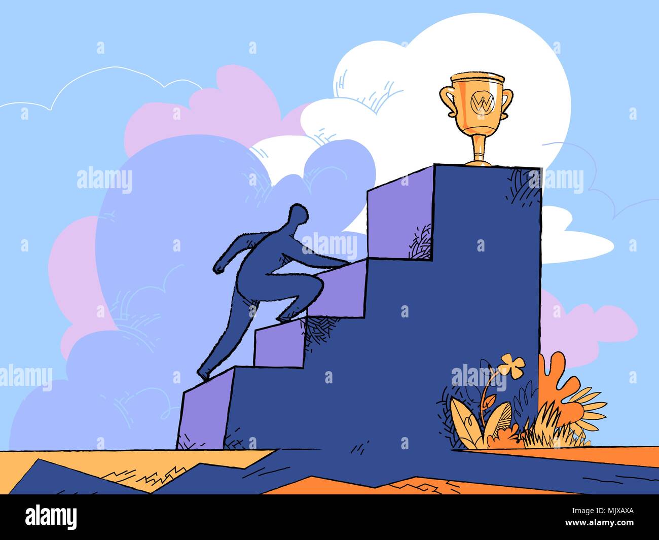 Un homme d'essayer d'attraper le trophée en haut de l'escalier Illustration de Vecteur