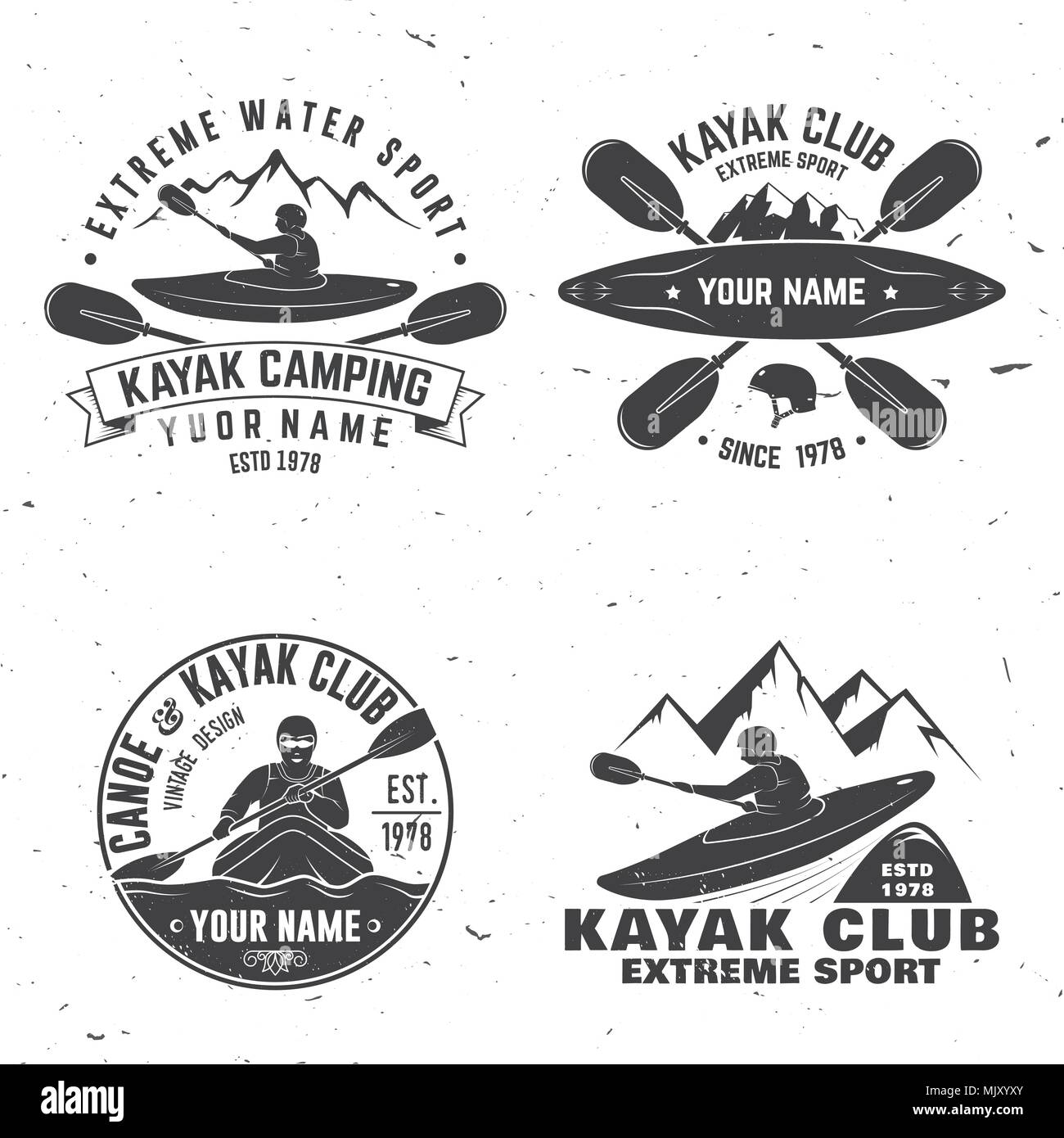 Ensemble de kayak club badge. Vector illustration. Concept pour chemise, imprimer, stamp ou tee. Typographie vintage design avec vue sur la montagne et la kayakiste silhouette. Illustration de Vecteur