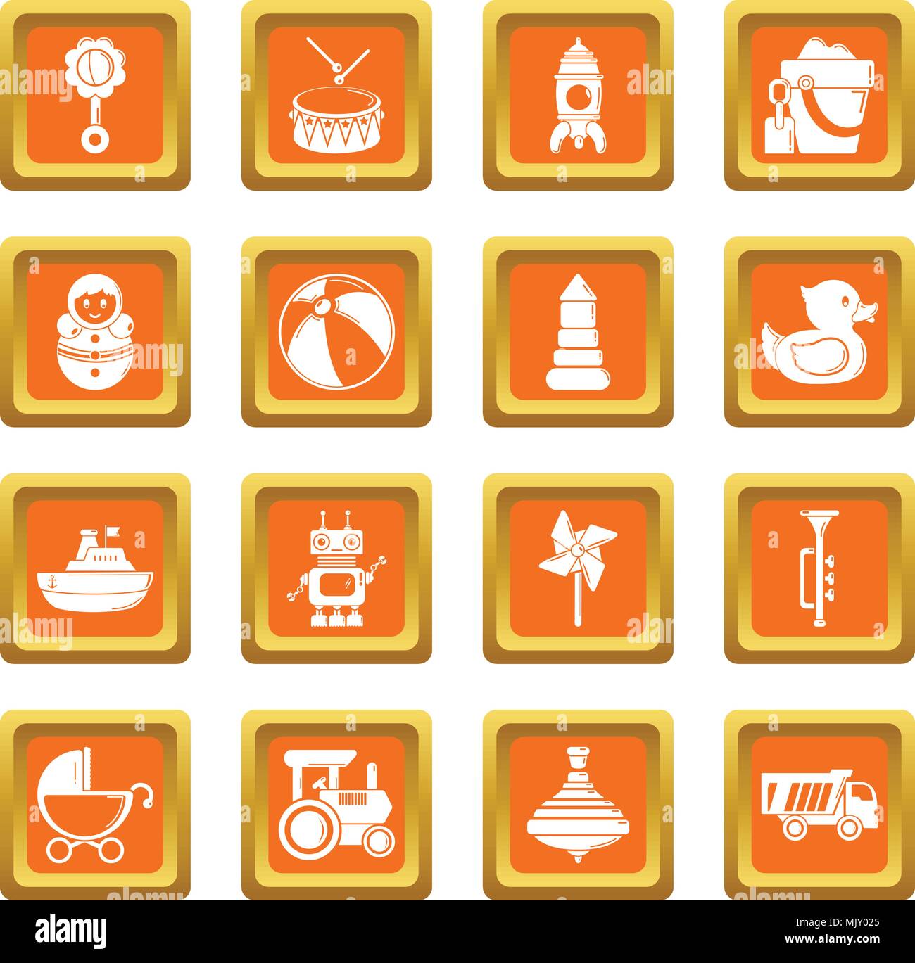 Kids toys icons set carré orange vector Illustration de Vecteur