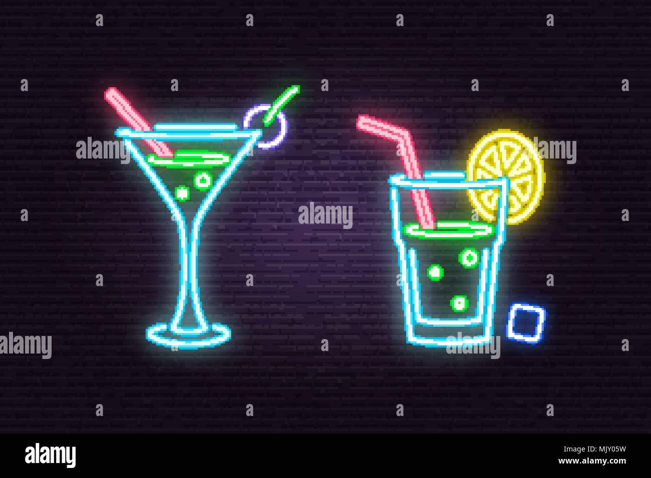 Ensemble de cocktail neon emblème. Vector illustration. En néon pour banner, billboard, la promotion ou la publicité. Éléments sur le thème du restaurant Illustration de Vecteur
