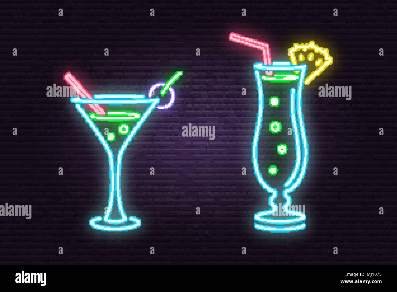 Ensemble de cocktail neon emblème. Vector illustration. En néon pour banner, billboard, la promotion ou la publicité. Éléments sur le thème du restaurant Illustration de Vecteur