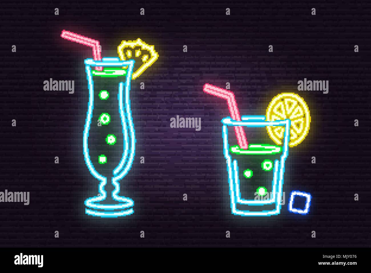 Ensemble de cocktail neon emblème. Vector illustration. En néon pour banner, billboard, la promotion ou la publicité. Éléments sur le thème du restaurant Illustration de Vecteur