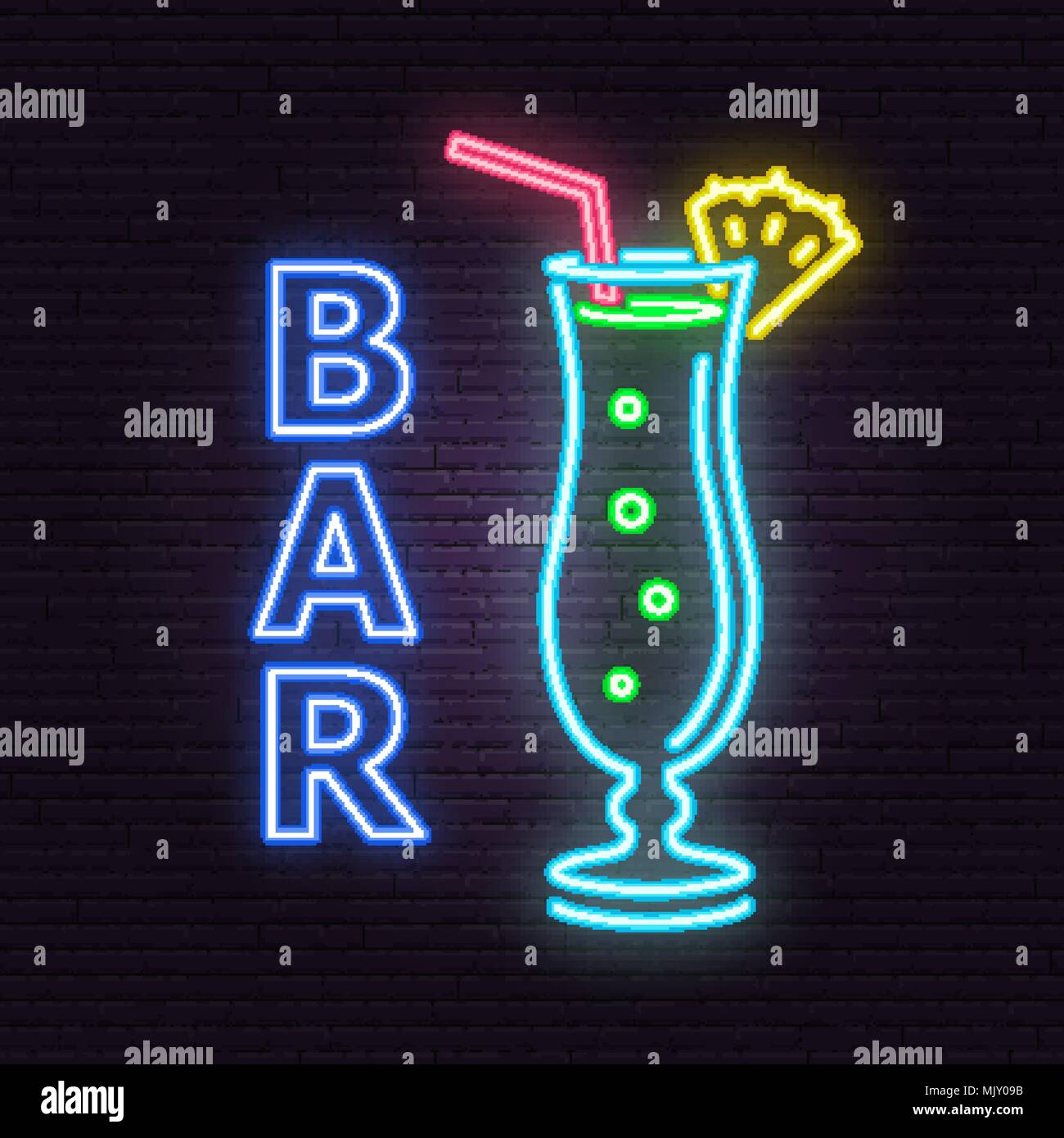 Bar à cocktails et emblème de néon. Vector illustration. En néon pour banner, billboard, la promotion ou la publicité. Illustration de Vecteur