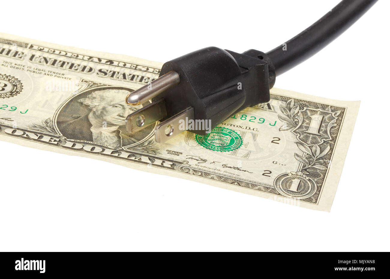 Une fiche d'alimentation électrique nous noir sur un billet de un dollar, isolé sur fond blanc. Banque D'Images