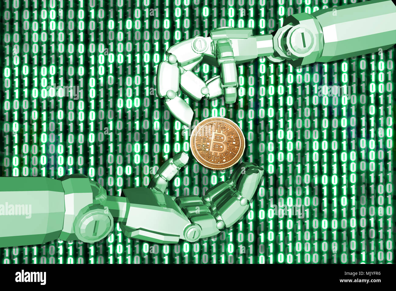 Le rendu 3D,Green theme Main du robot bitcion envoyer à un autre robot avec arrière-plan numérique 0 et 1, des finances concept. Banque D'Images