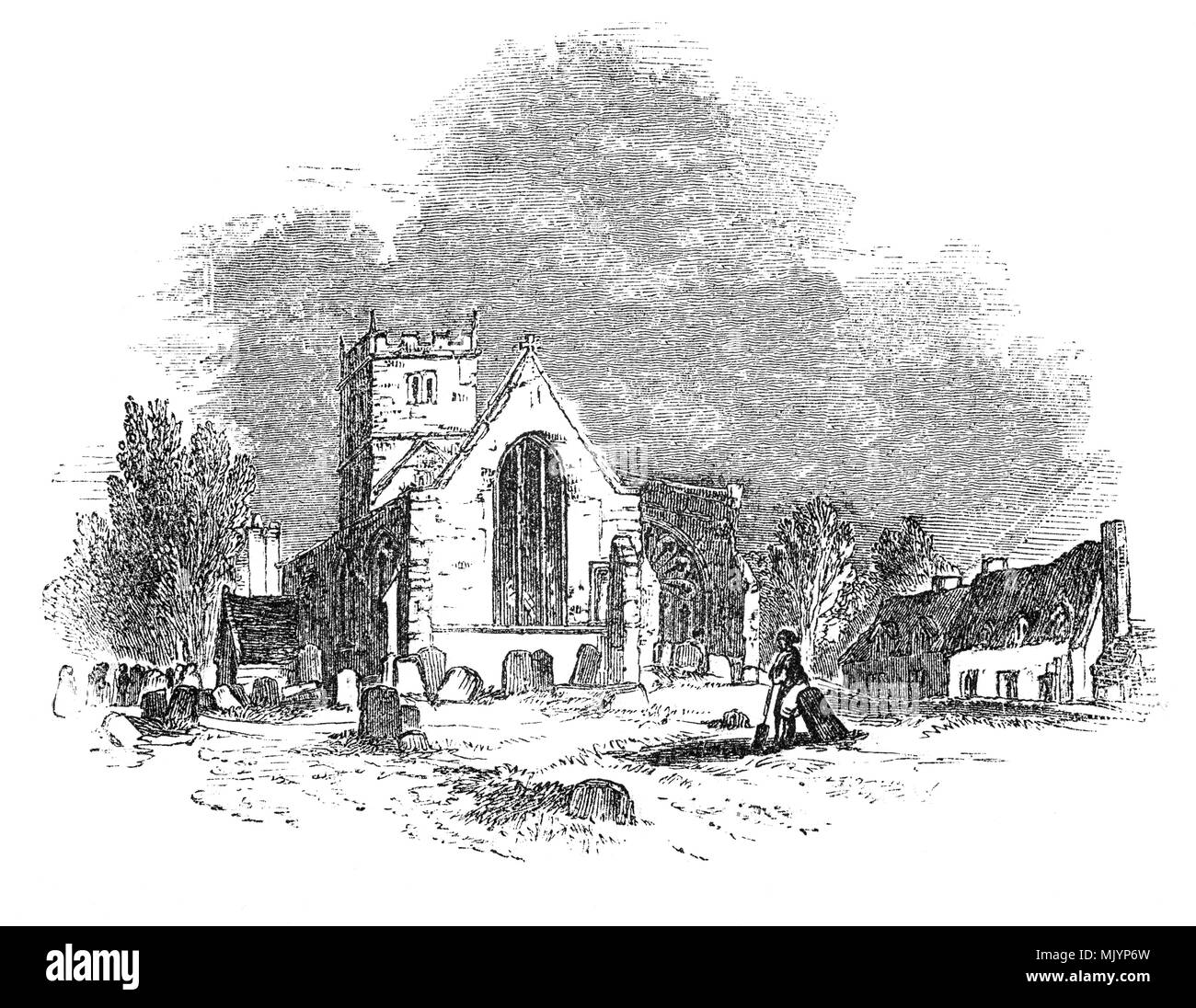 Un fossoyeur au cimetière de Saint-Jean-Baptiste, construite au début du style Anglais au 13ème siècle, in Aston Cantlow, un village de Warwickshire, en Angleterre, sur la rivière Alne, 5 miles au nord-ouest de Stratford et de la maison de Mary Arden, la mère de Shakespeare. On croit que les parents de Shakespeare Shakespeare, John et Mary Arden, se sont mariés en 1557. Banque D'Images Un fossoyeur au cimetière de Saint-Jean-Baptiste, construite au début du style Anglais au 13ème siècle, in Aston Cantlow, un village de Warwickshire, en Angleterre, sur la rivière Alne, 5 miles au nord-ouest de Stratford et de la maison de Mary Arden, la mère de Shakespeare. On croit que les parents de Shakespeare Shakespeare, John et Mary Arden, se sont mariés en 1557. Banque D'Images