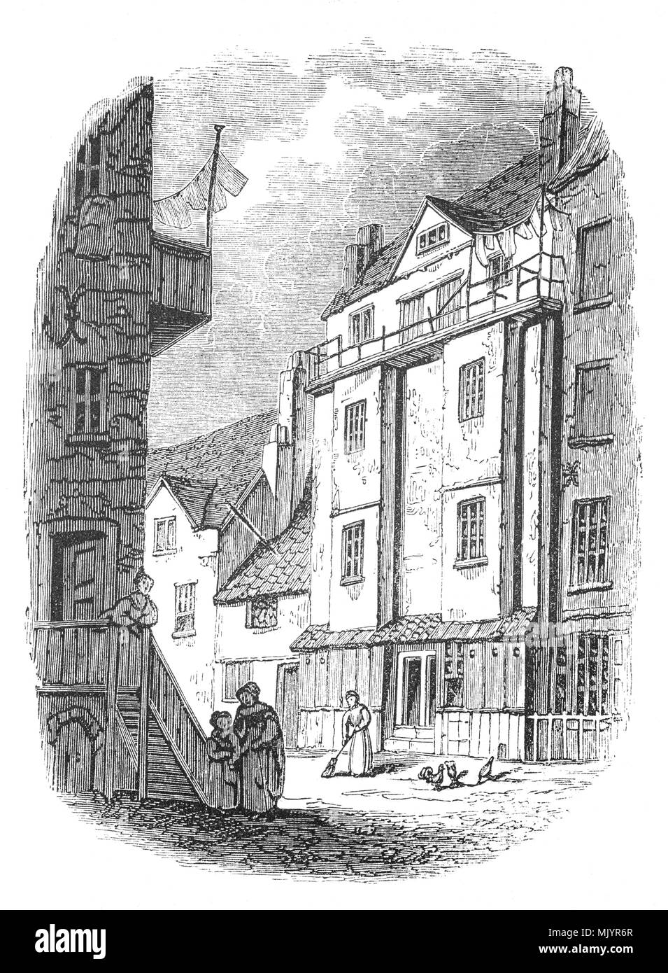 L'Almonry de l'abbaye de Westminster, où William Caxton (1412-1493) mis en place la première presse à imprimer en Angleterre en 1472, la maison a été démolie en 1845, de même que les autres bâtiments de l'Almonry. Caxton est né dans le Kent et l'école après avoir passé de nombreuses années à Bruges et en Hollande, pour une place éminente parmi ses collègues commerçants. Il s'est rendu à Cologne et adopté la nouvelle technique d'impression et d'acquisition d'une presse afin de publier ses traductions de divers livres en français. Ce qui porte son Appuyez sur pour l'Angleterre il a loué des locaux à l'enseigne de la pale rouge dans la région de Westminster. Banque D'Images