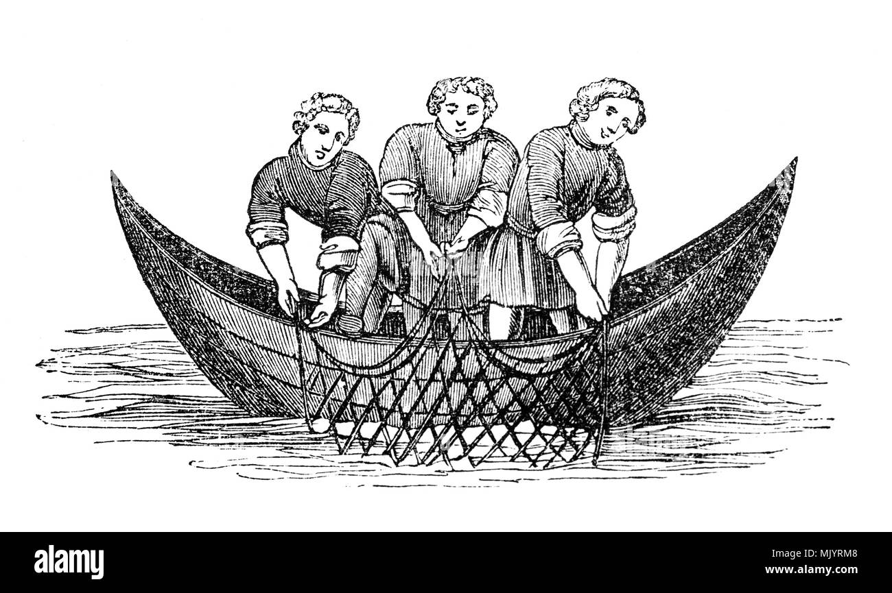 À l'aide de pêcheurs médiéval le plus ancien type de net, appelé un pound net. Piquets en bois sont ushed dans le fond de la baie, espacées dans une ligne qui traverse la marée. Des filets sont tendus entre les poteaux et le long du bas de la rivière, faire un piège à poissons. À la fin de février la livre netter commence à mettre dans les enjeux. Au milieu de mars il s'en prendra ses filets et de commencer la pêche. Chaque jour, les mariniers s'éteint au parc en filet et les pelles le poisson avec un filet. Banque D'Images