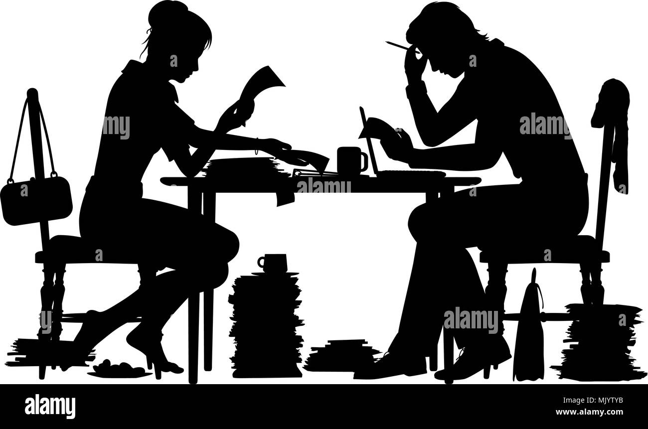 Editable vector silhouette d'un homme et femme occupé avec la paperasse Illustration de Vecteur
