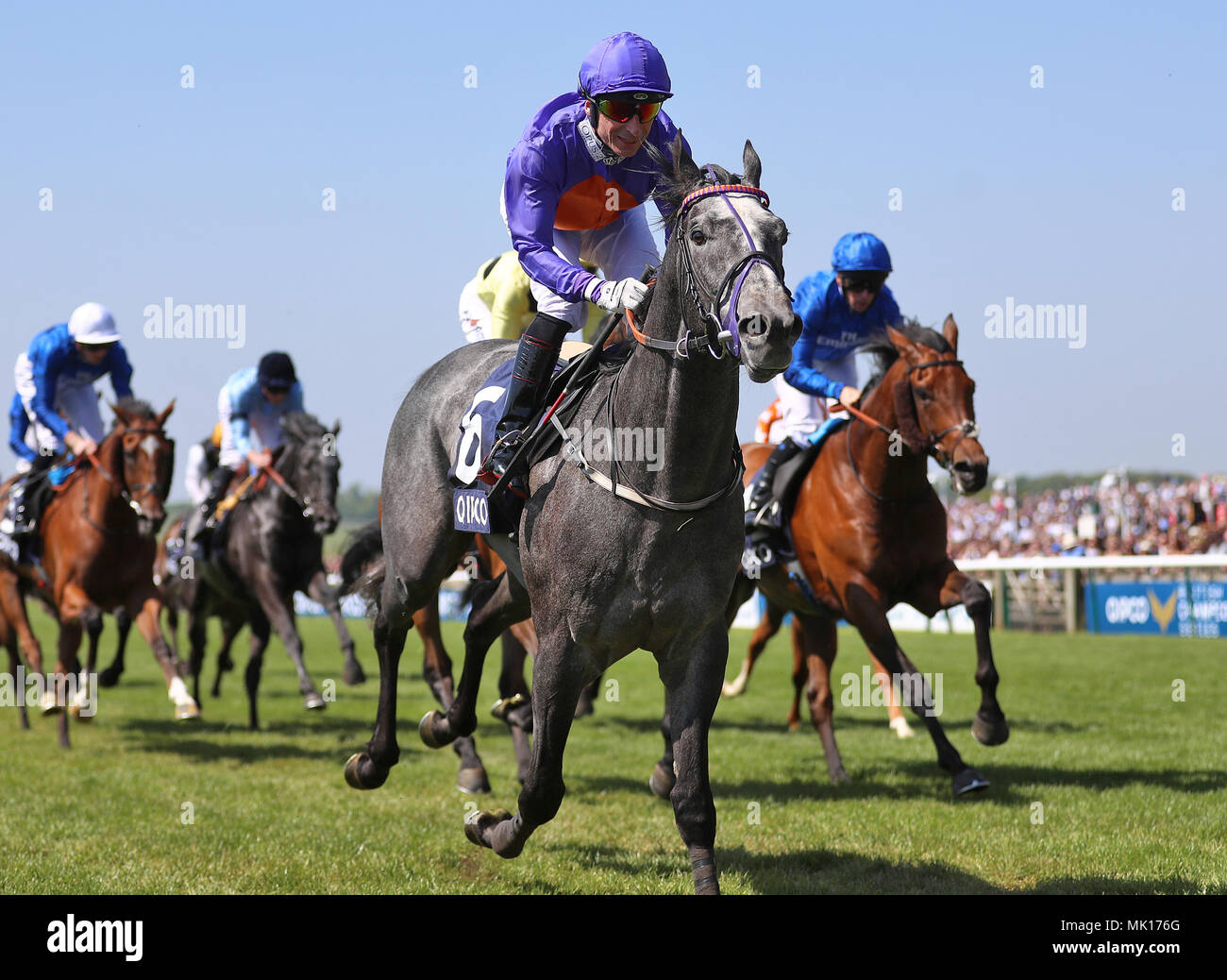 La Grande-Bretagne gris monté par jockey Gerald Mosse revenir à la maison pour gagner la course du Qatar lors de la deuxième journée du handicap le Festival QIPCO guinées à Newmarket Racecourse. Banque D'Images