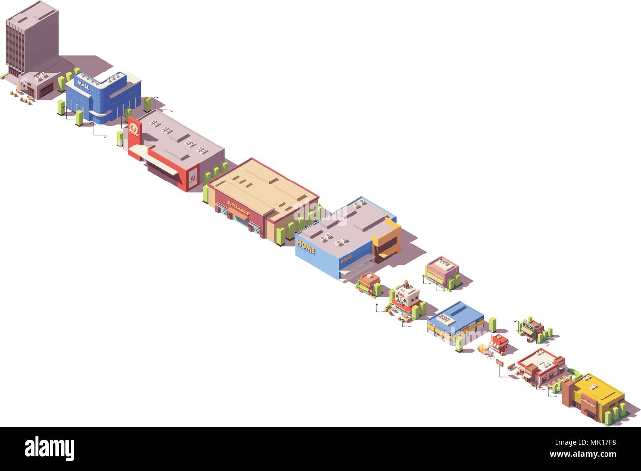 Faible vecteur isométrique poly de magasins et restaurants Illustration de Vecteur