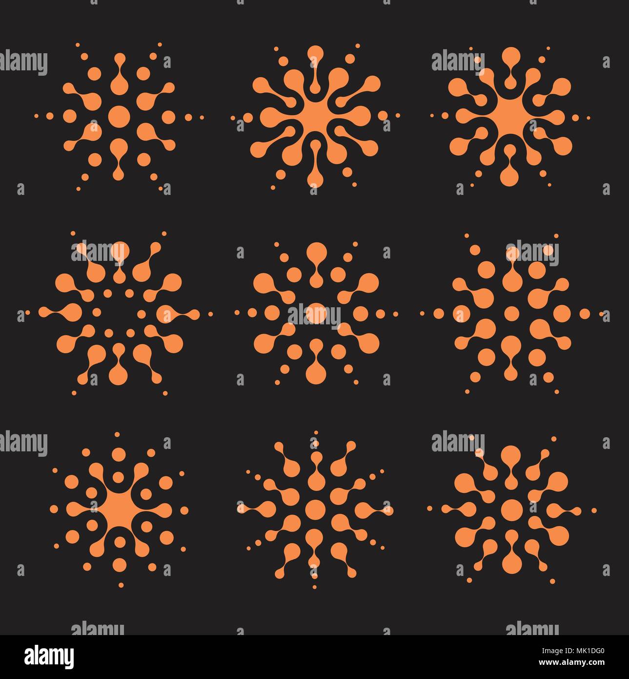 Modèle sun Logo. Virus Smart signes. Les milieux ensoleillés isolés inhabituels icons set. Logotype communautaire Réseau collection. Illustration vecteur Orange, abstract digital art motif. Fond noir. Illustration de Vecteur