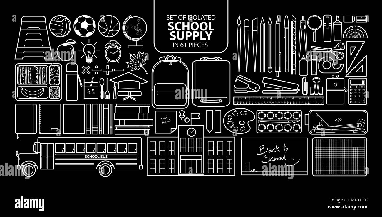 Ensemble de l'offre de l'école isolée dans 61 pièces.Mignon vecteur illustration objets contour blanc sur fond noir. Illustration de Vecteur