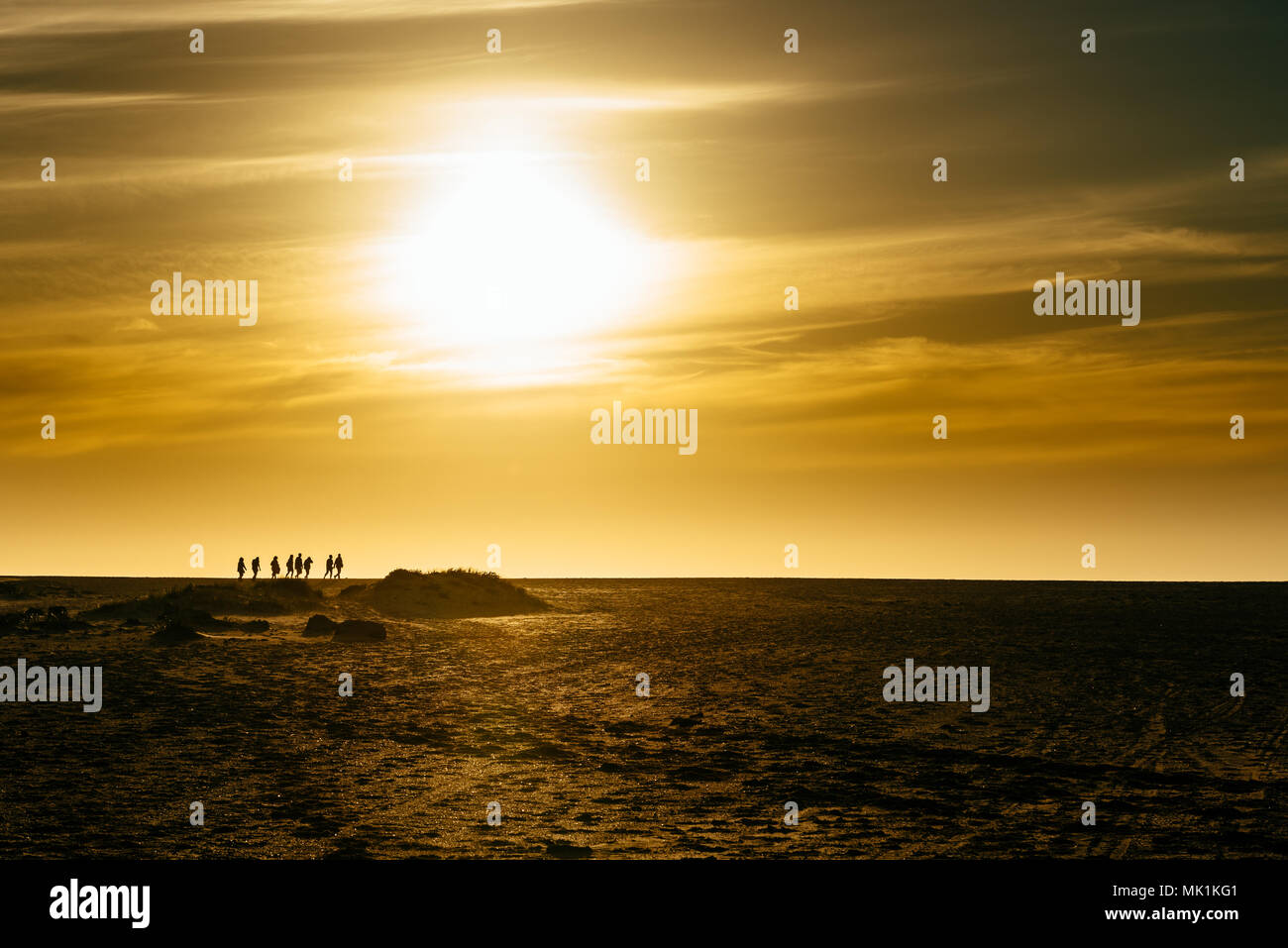 Silhouettes d'un groupe de personnes marchant dans l'horizon sous le soleil Banque D'Images