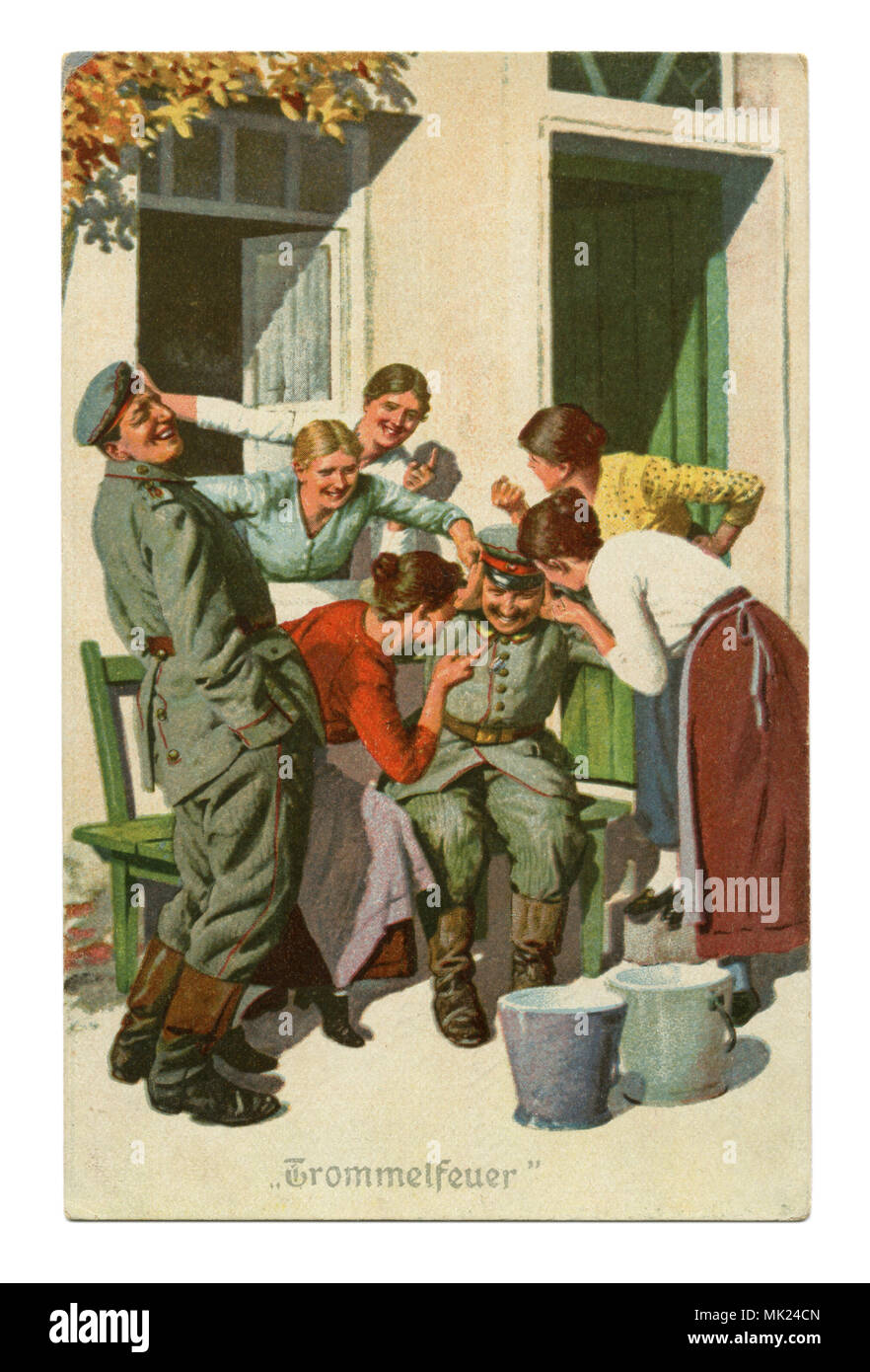 Ancienne carte postale militaire allemand :-série humoristique 'Toujours' professionnel, № 4 feu défensives". La première guerre mondiale 1914-1918, Allemagne Banque D'Images