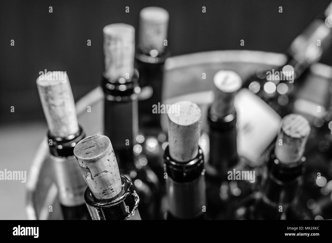 Détail de plusieurs bouteilles de vin dans un seau à glace Banque D'Images