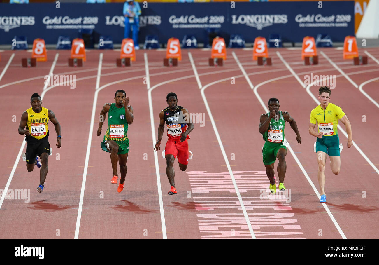 GOLD COAST, AUSTRALIE - 8 avril : Oshane Bailey, Bruintjies Cejhae Henricho, Greene, Enoch Olaoluwa Adegoke, Rohan Browning, Emanuel Archibald competin Banque D'Images