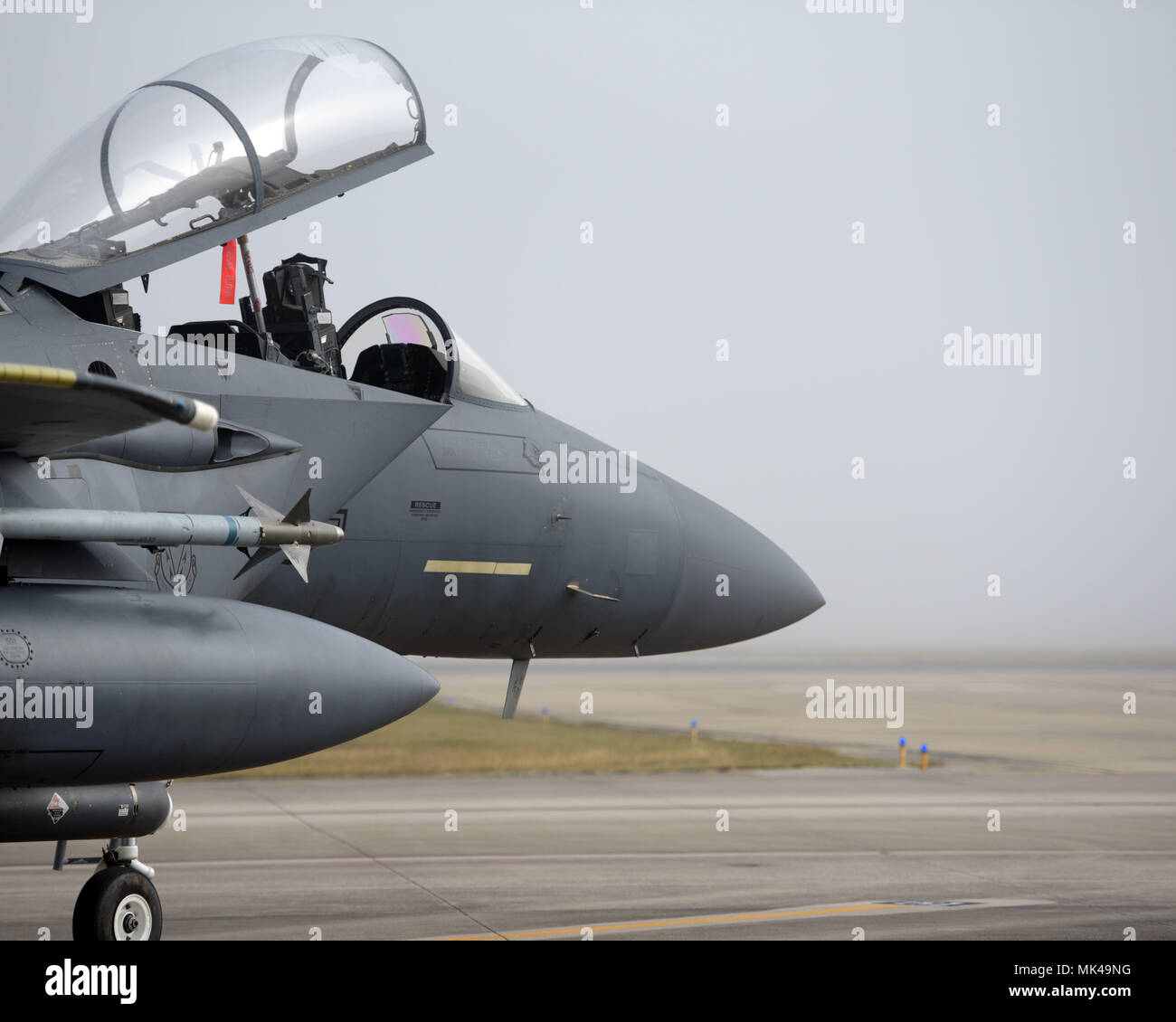Un U.S. Air Force F-15E Strike Eagle de la 389e Escadron de chasse, Mountain Home Air Force Base, Ohio, se trouve stationné sur la piste que le brouillard dans les rouleaux à la base aérienne Tyndall, en Floride, le 6 novembre 2017. Mountain Home AFB envoyé actifs à la Tyndall pour participer à l'exercice drapeau à damiers 18-1 et lutter contre Archer. (U.S. Air Force photo par un membre de la 1re classe Ésaïe J. Soliz/libérés) Banque D'Images