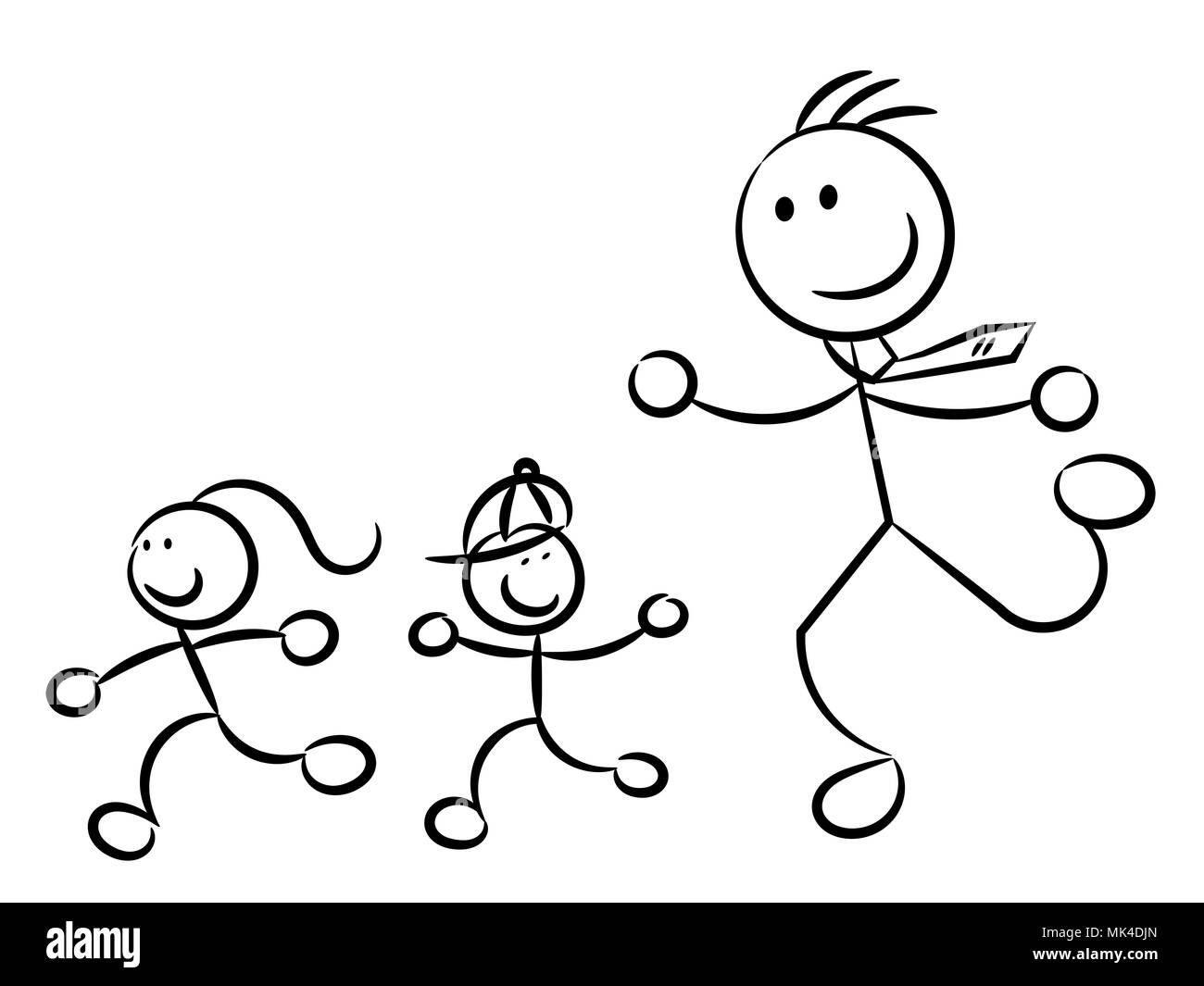 Papa qui court après les enfants personnages fragmentaires isolated on white Banque D'Images