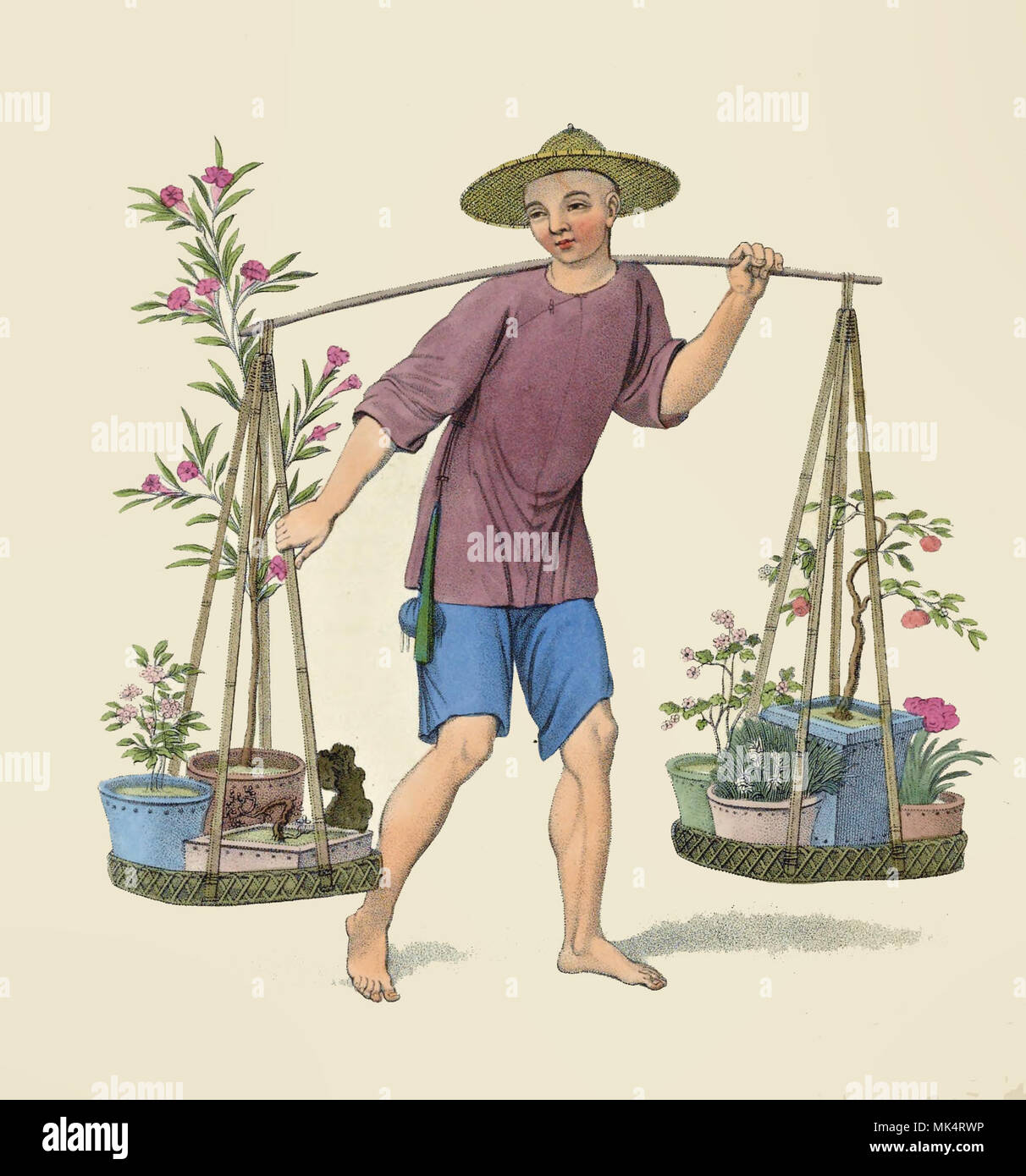 A porter avec des arbres fruitiers et des fleurs en Chine, vers 1800 Banque D'Images
