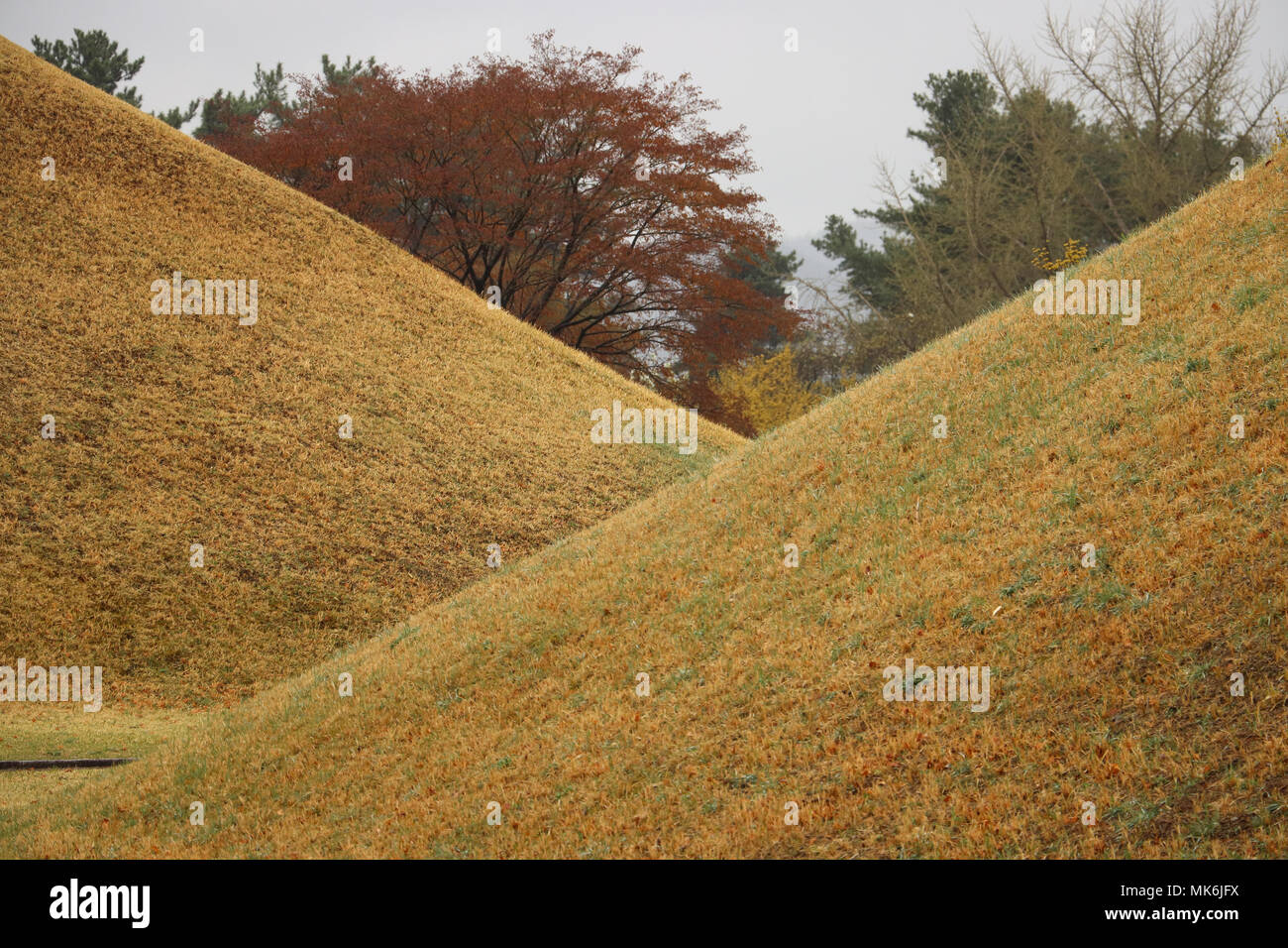 Une vue à travers deux immenses anciens tumulus funéraires du royaume de Silla en Tumuli Park à Gyeongju, Corée du Sud, sur l'image. 24 mounds sont ici. Banque D'Images