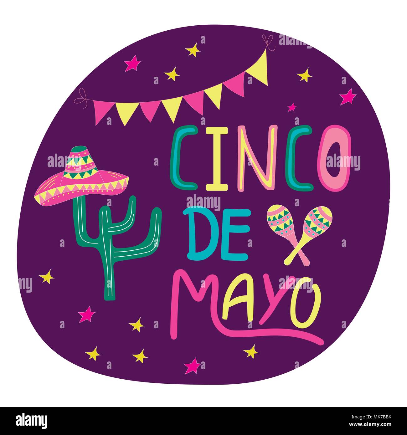 Bannière ou carte pour célébration de Cinco de Mayo. Maison de vacances poster avec lettrage calligraphie dessiné à la main, sombrero, cactus, chili, la tequila et les maracas. Vec Illustration de Vecteur