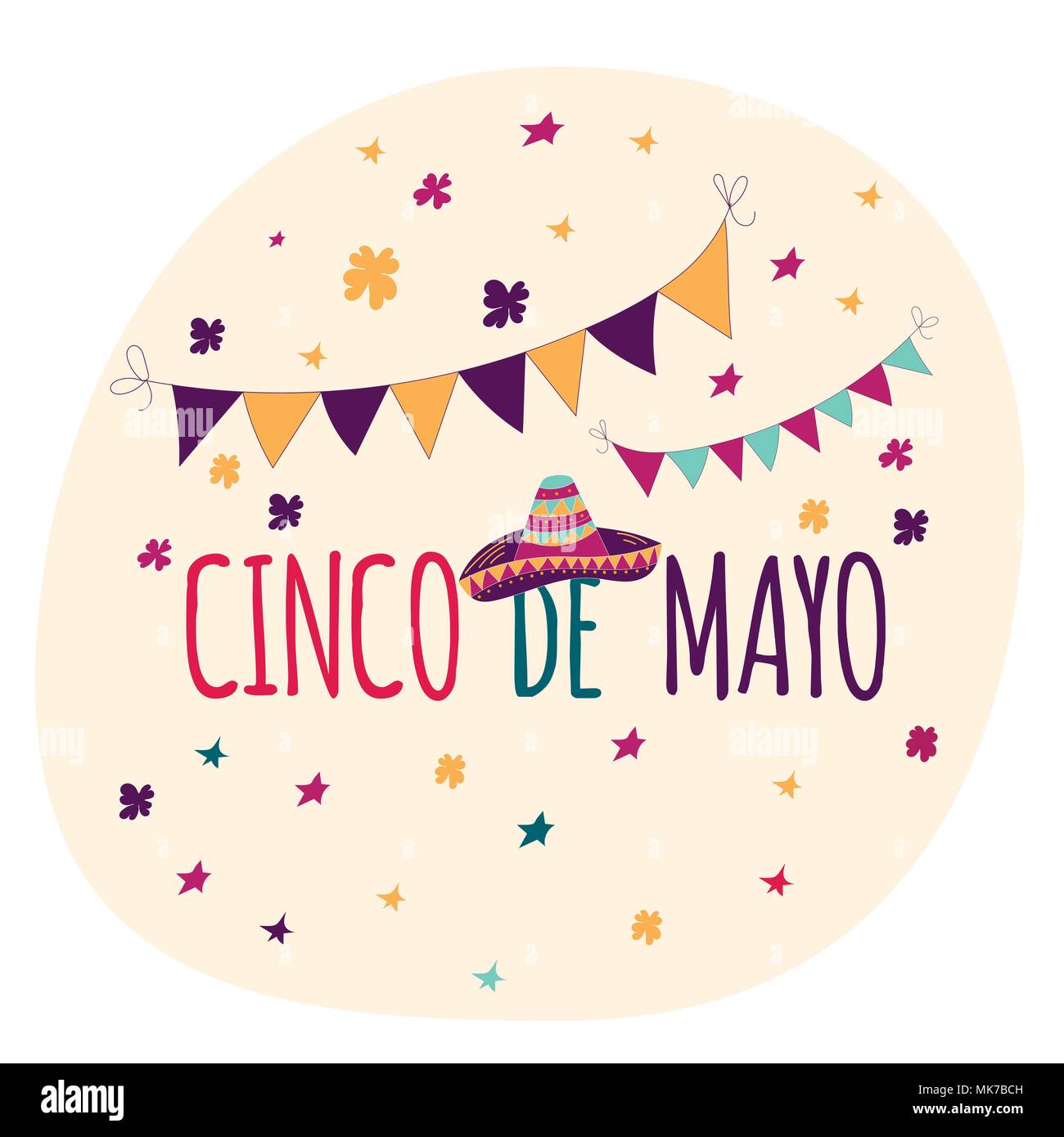 Bannière ou carte pour célébration de Cinco de Mayo. Maison de vacances poster avec lettrage calligraphie dessiné à la main, sombrero, cactus, chili, la tequila et les maracas. Vec Illustration de Vecteur