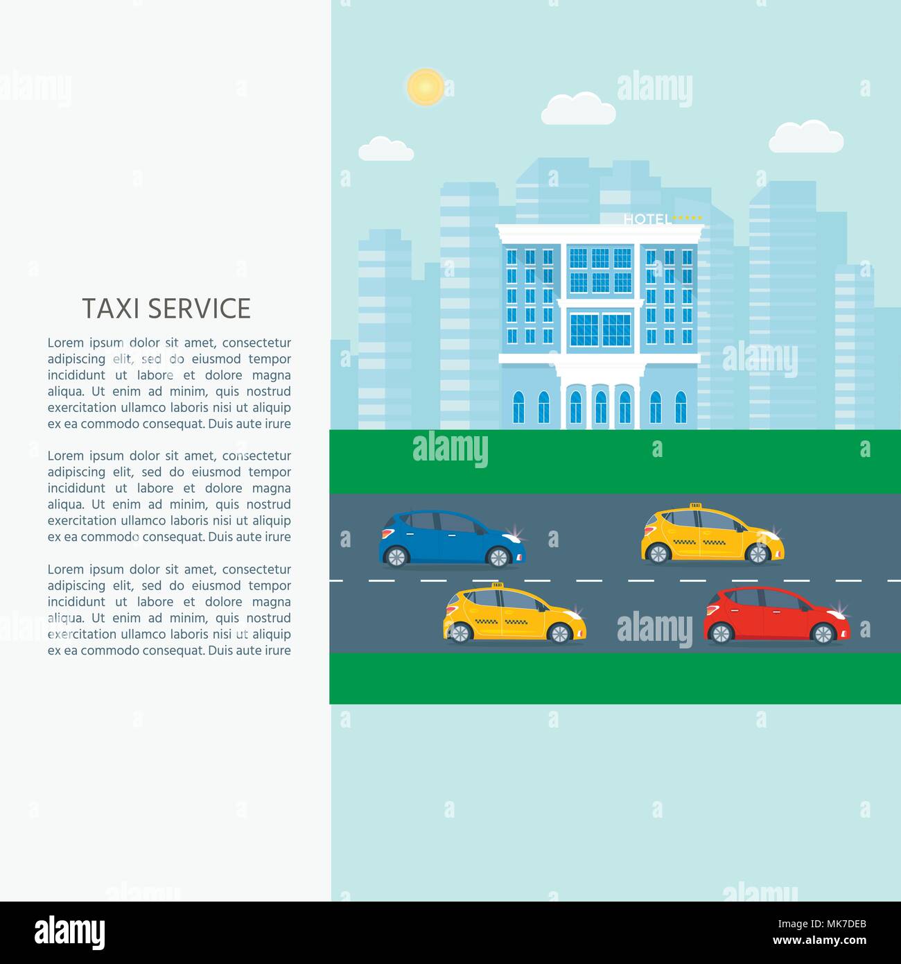 Linge taxi jaune, hôtel de la ville. Service de taxi public concept. Télévision vector illustration. Illustration de Vecteur