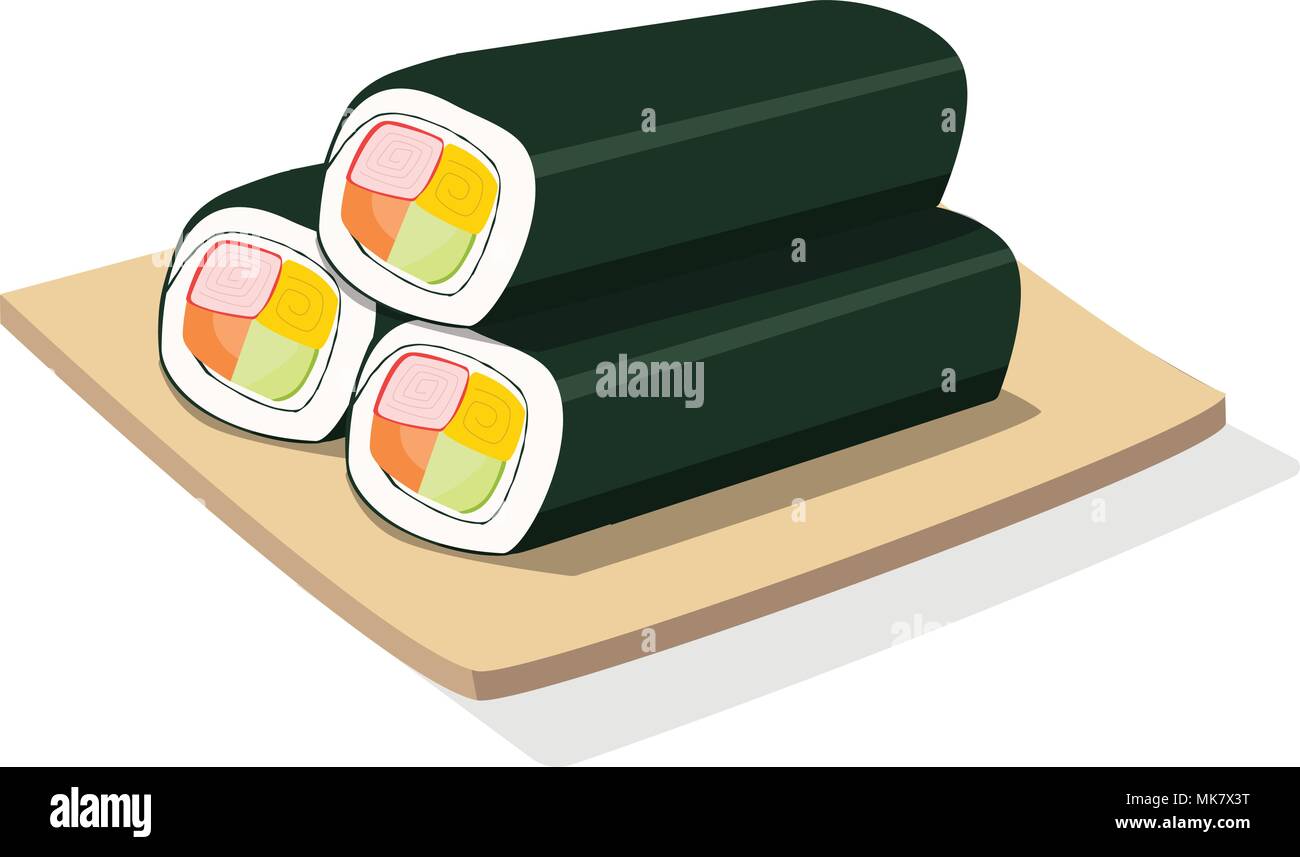 Trois Sushi roll sur plaque de bois, isolée vector art Illustration de Vecteur