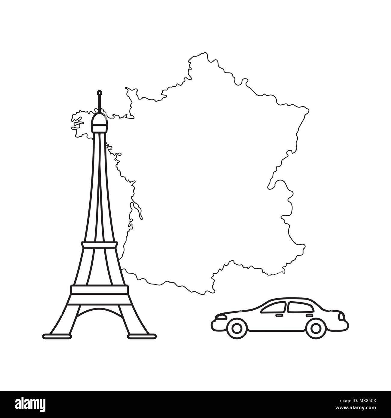 Carte de France, célèbre tour de Paris, voiture. Voyages et loisirs. Illustration de Vecteur