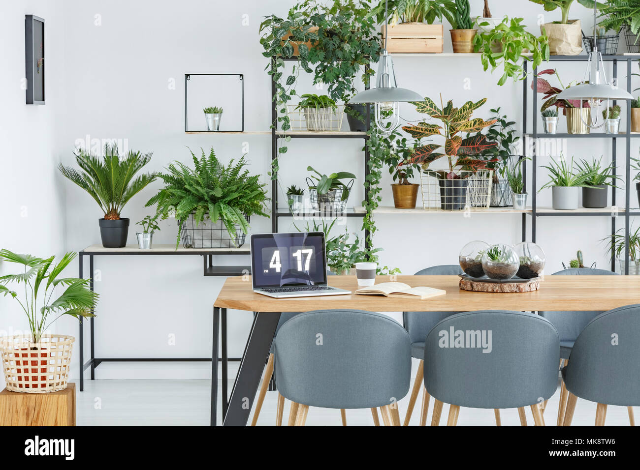 Chaises gris à table en bois avec coffre dans la salle à manger intérieur avec des fleurs des champs Banque D'Images