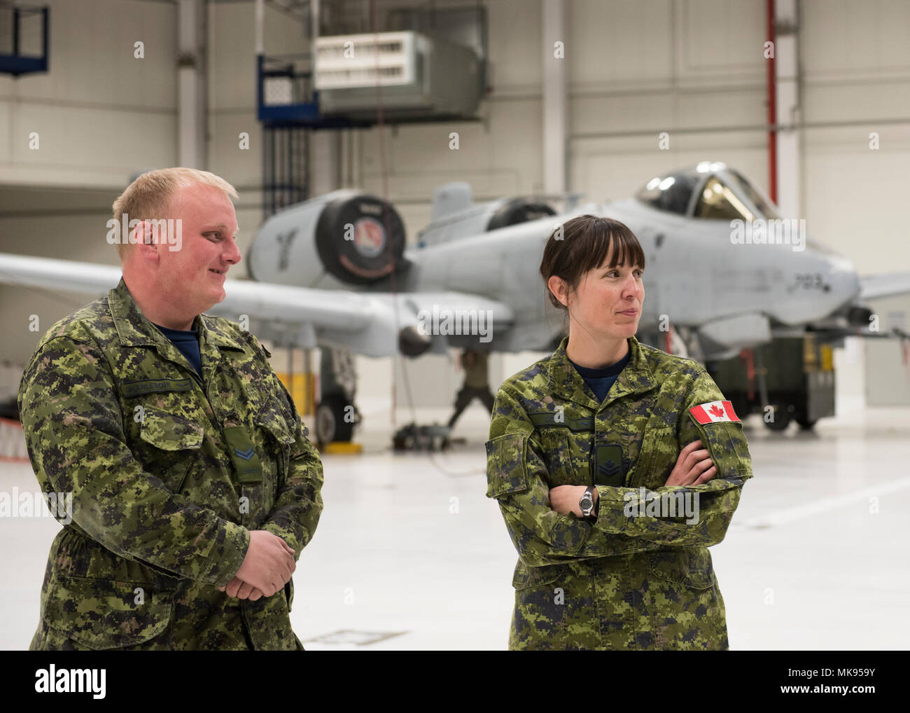 La Royal Canadian Air Force à partir de la Base des Forces canadiennes Cold  Lake (Alberta), parc un CF-188 Hornet dans un hangar à Gowen Field pour  réparer le train d'atterrissage sur