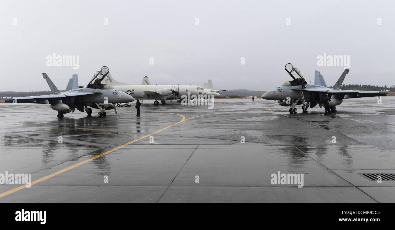 171130-N-KH214-0075 Oak Harbor, Washington (30 novembre 2017) Le Cmdr. Jan Paul, le cmdr. Matthieu Bogue et orateur invité Le Capitaine Thomas Coiffure descendre de deux EA-18G Growler avion pendant la cérémonie de passation de commandement de l'Escadron d'attaque électronique (VAQ-136) sur Naval Air Station Whidbey Island. Le cmdr. Jan Paul soulagé le Cmdr. Matthieu bogue que le commandant de l' 'Gauntlets of Electronic Attack Squadron (VAQ-136). (U.S. Photo par marine Spécialiste de la communication de masse 2e classe Scott Wood/libérés) Banque D'Images