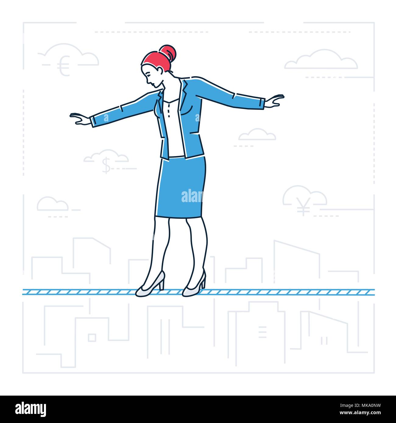 Businesswoman walking on a wire- line style design illustration isolé Illustration de Vecteur