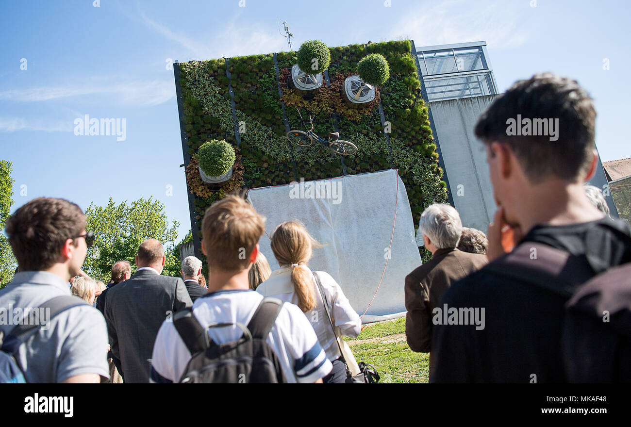 07 mai 2018, l'Allemagne, Stuttgart : les étudiants à la recherche d'Uni à l'Hohenheim hightech verticale jardin le jour de sa dédicace. La façade jardin avec arbres en rotation a été rendu possible par le démarrage depuis le Visioverdis "Hohenheim'. Photo : Sebastian Gollnow/dpa Banque D'Images