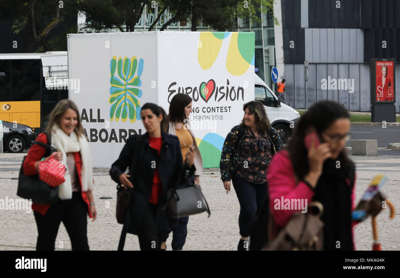 07 mai 2018, Portugal, Lisbonne : Photo d'une immense mourir avec le logo de l'Eurovision. La finale de l'Eurovison Song Contest (ESC) se tient à Lisbonne, Portugal, le 12 mai 2018. Photo : Jörg Carstensen/dpa Banque D'Images