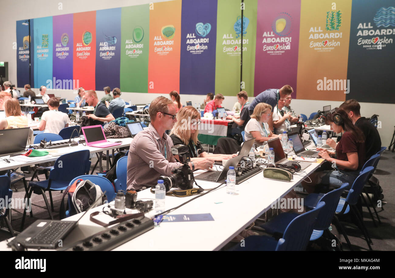 07 mai 2018, Portugal, Lisbonne : Photo du centre de presse du l'Eurovison Song Contest (ESC), qui se tient à Lisbonne, Portugal, le 12 mai 2018. Photo : Jörg Carstensen/dpa Banque D'Images