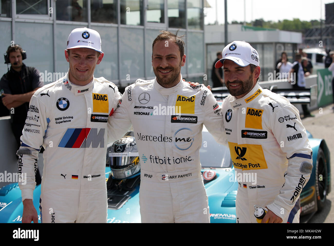 05.05.2018, Hockenheim, Hockenheim DTM, 2018, 1.Lauf Hockenheim,04.05.-06.05.2018 , im Bild Poleposition für das erste) für Gary Paffett (GBR# 2) Mercedes-AMG Petronas Motorsport, Mercedes-AMG C 63 DTM, 2.Startplatz für Marco Wittmann (DEU# 11) BMW Team RMG, Red Bull BMW M4 DTM, 3.Startplatz für Timo Glock (DEU# 16) BMW Team RMR, la Deutsche Post BMW M4 DTM Photo : Cronos/Hasan Bratic Banque D'Images