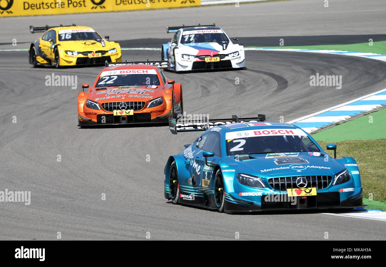 05.05.2018, Hockenheim, Hockenheim DTM, 2018, 1.Lauf Hockenheim,04.05.-06.05.2018 , im Bild Gary Paffett (GBR# 2) Mercedes-AMG Petronas Motorsport, Mercedes-AMG C 63 DTM , Lucas Auer (AUT# 22) l'énergie Silberpfeil Motorsport Mercedes-AMG, Mercedes-AMG C 63 DTM, Marco Wittmann (DEU# 11) BMW Team RMG, Red Bull BMW M4 DTM , Timo Glock (DEU# 16) BMW Team RMR, la Deutsche Post BMW M4 DTM Photo : Cronos/Hasan Bratic Banque D'Images