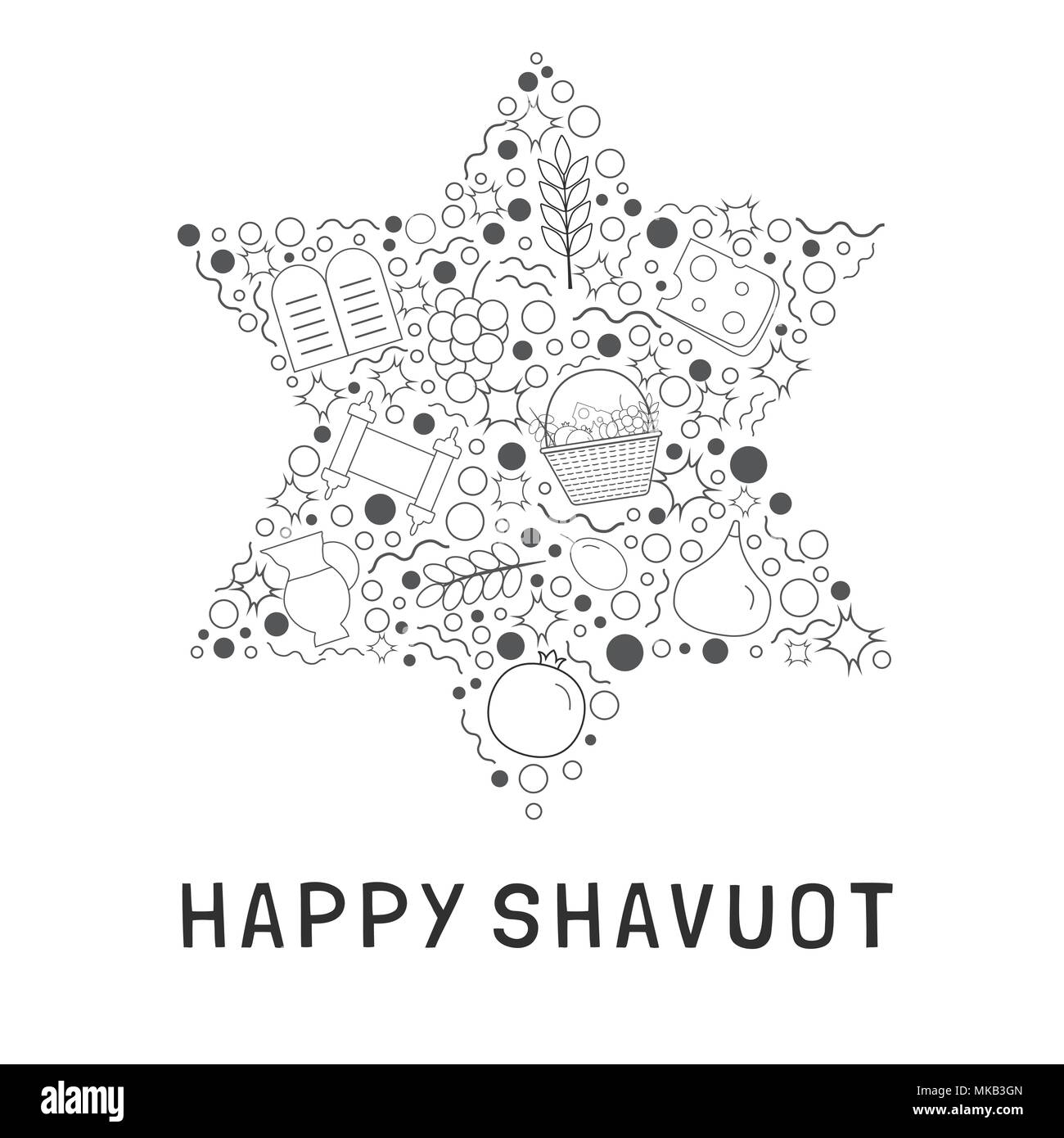 Appartement de vacances Chavouot fine ligne noire design icons set en étoile de David forme avec texte en anglais 'Happy Chavouot'. Illustration de Vecteur