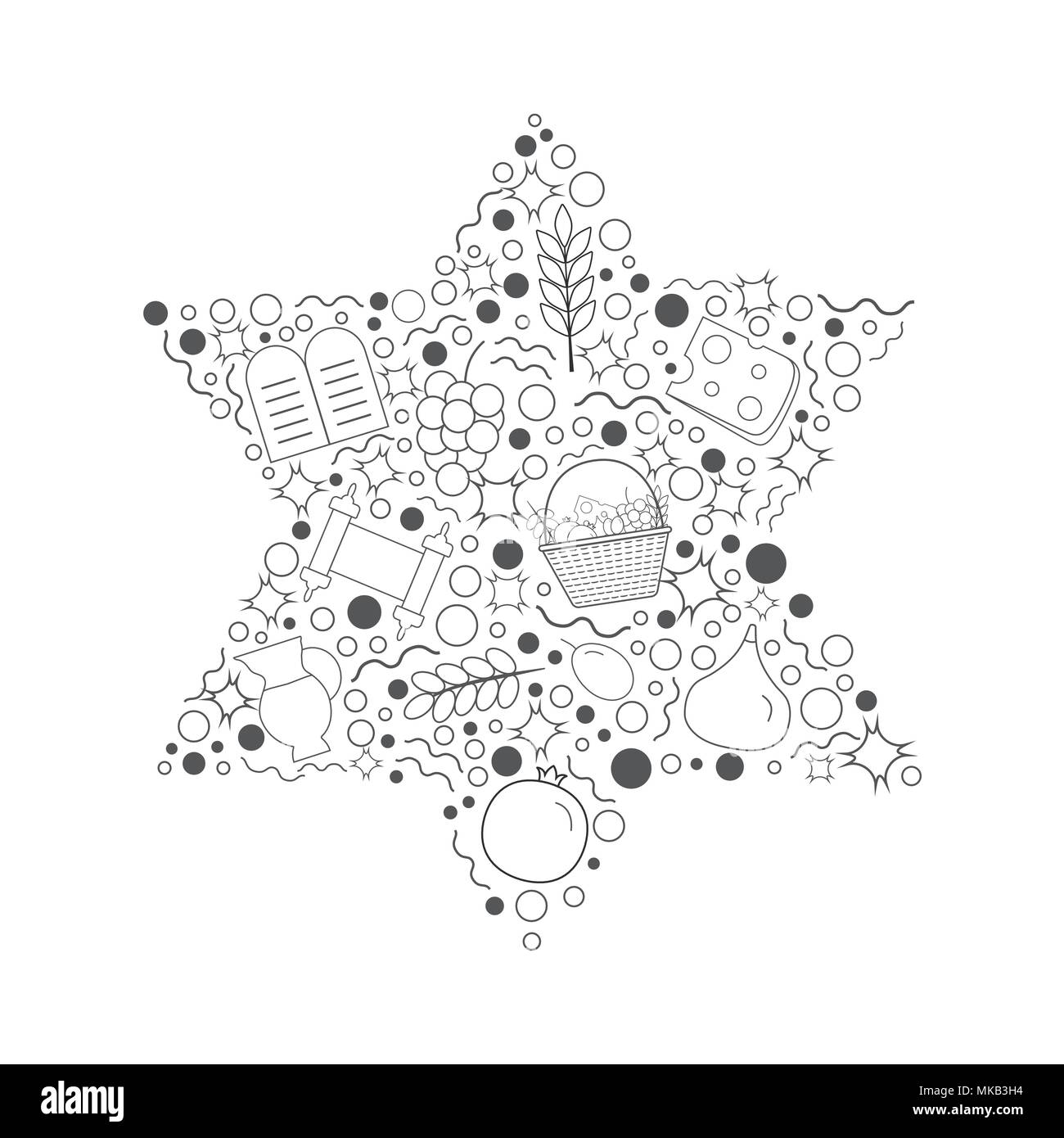 Appartement de vacances Chavouot fine ligne noire design icons set dans l'étoile de David. Illustration de Vecteur