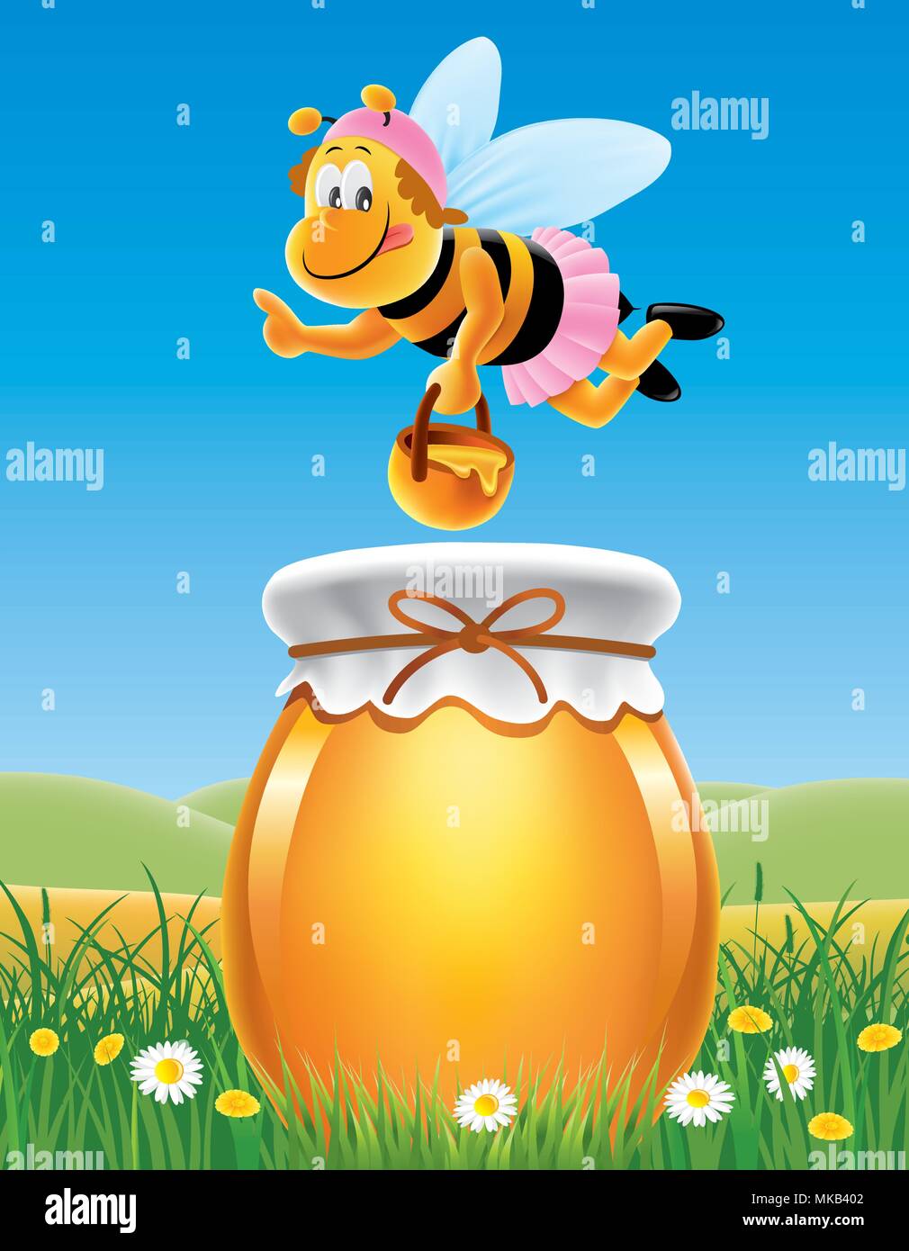 Pot de miel dans une prairie avec les abeilles et les fleurs Illustration de Vecteur