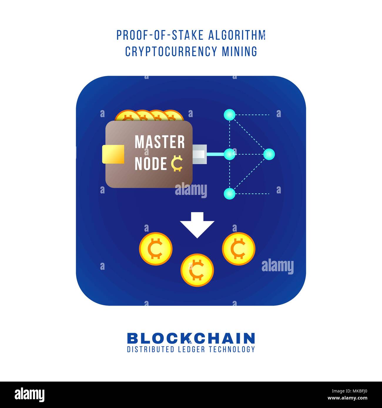 Design plat coloré vecteur la preuve de l'algorithme de jeu cryptocurrency POS mining principe expliquer illustration schéma carré arrondi isolés l'icône bleu Illustration de Vecteur