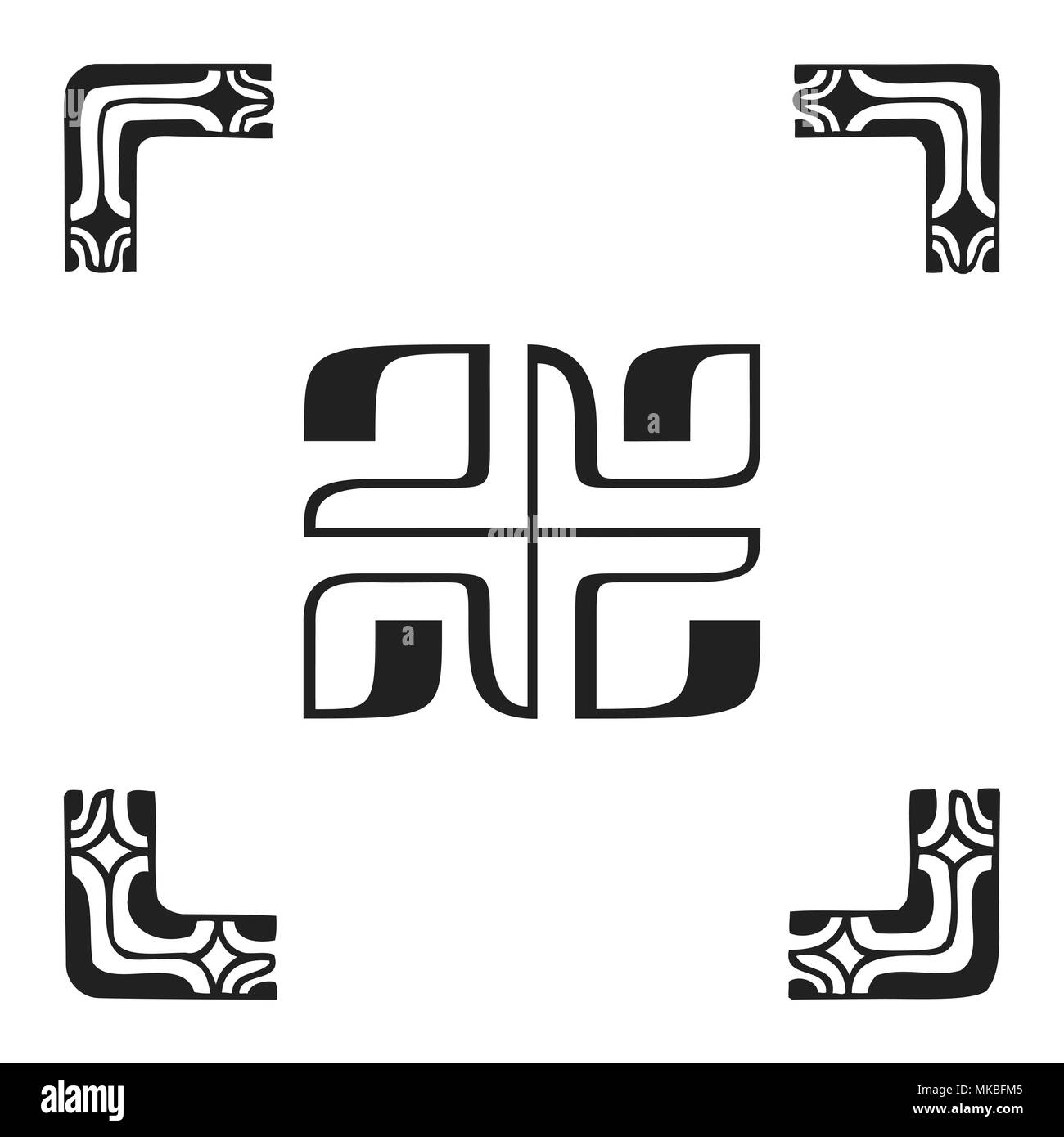 Vecteur d'encre monochrome noir indigènes à la main art populaire polynésien rectangle croix Symboles Marquisiens, les bras de Tiki illustration isolé white Illustration de Vecteur