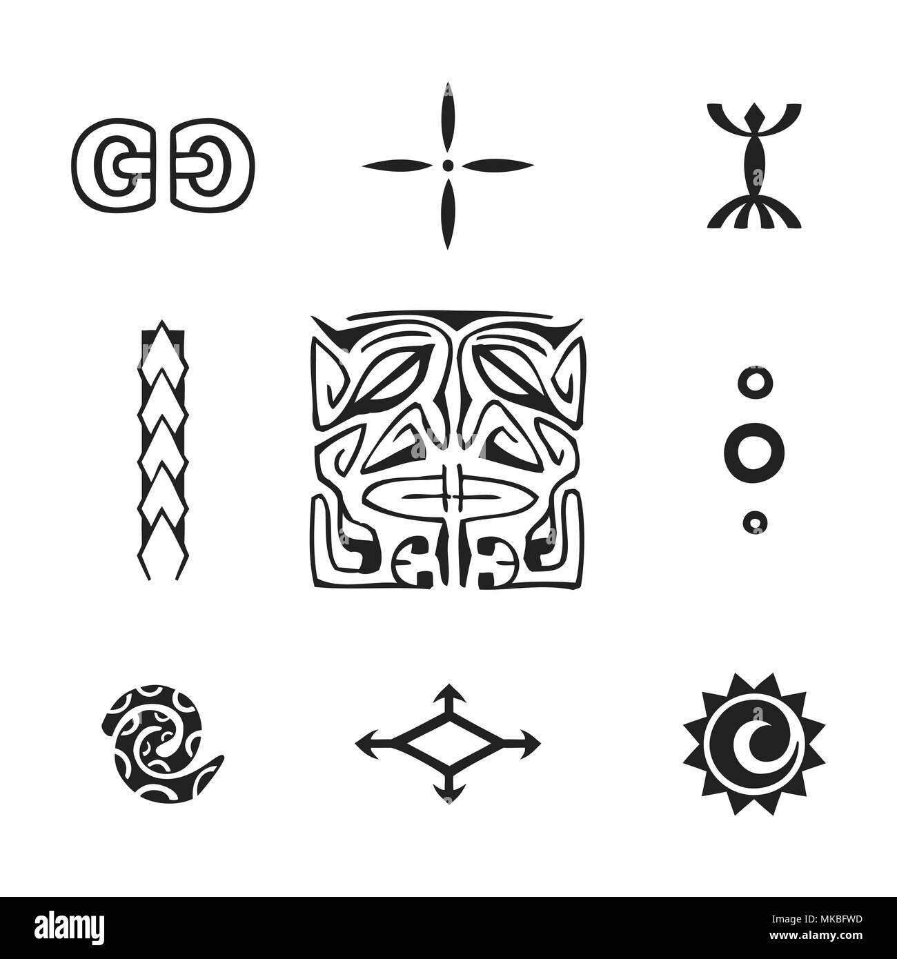 Vecteur d'encre monochrome noir indigènes à la main art populaire polynésien Tiki des symboles, de l'UIP, le Tapa, fleurs, têtes de harpon Enata, Kautupa, fougère, oiseaux, sun net il Illustration de Vecteur