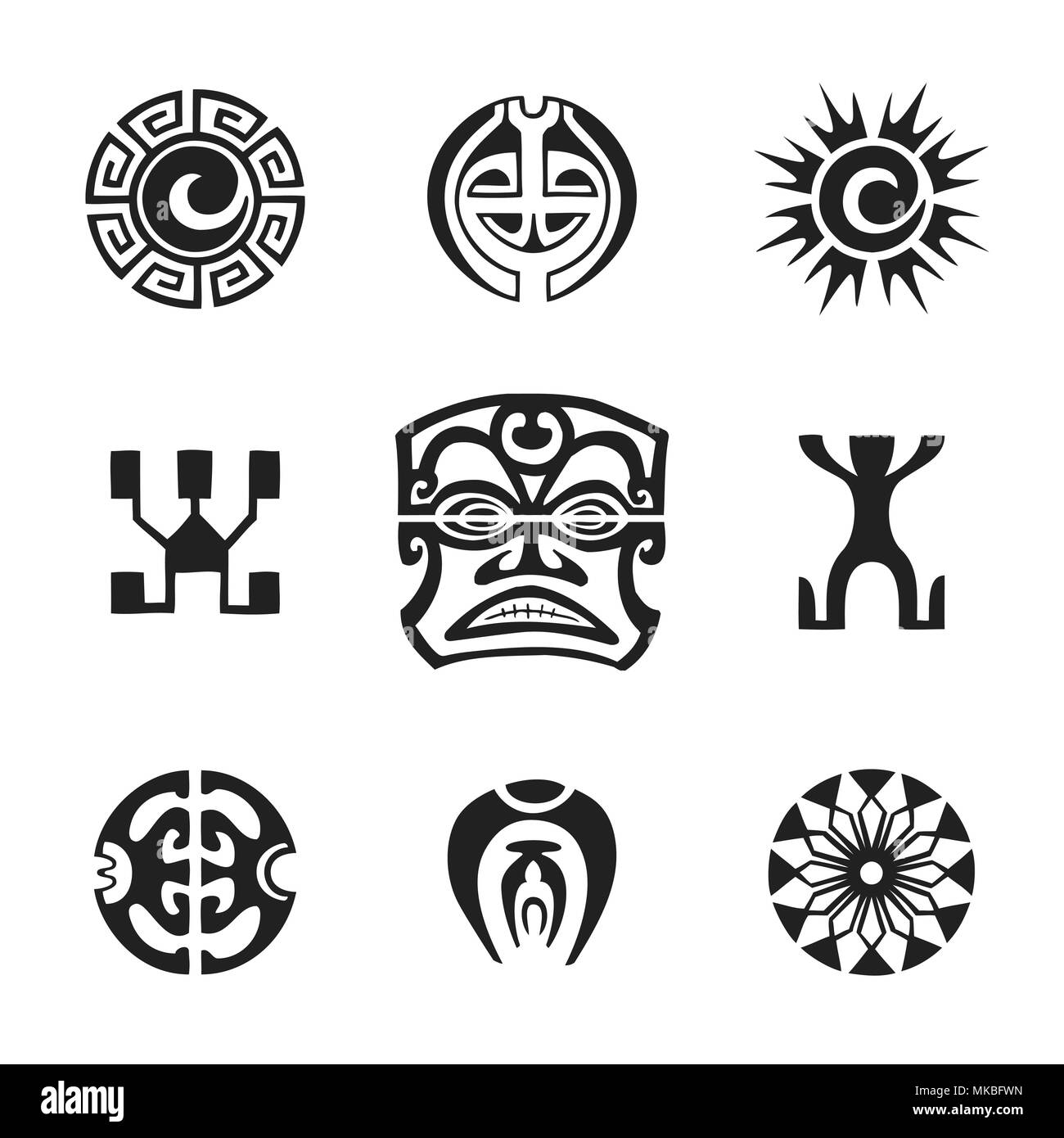 Vecteur d'encre monochrome noir indigènes à la main art populaire polynésien Tiki, symboles de soleil, Kautupa, Enata, l'œil qui voit tout, illustrations de fleurs whi isolés Illustration de Vecteur