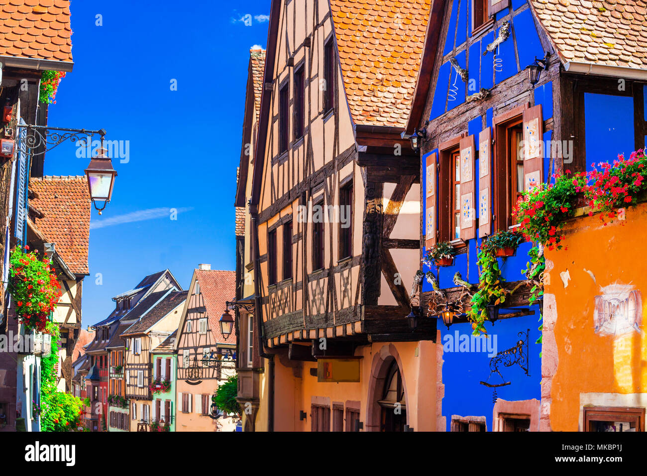 Maisons colorées traditionnelles dans la région de Riquewihr village,Alsace,France. Banque D'Images