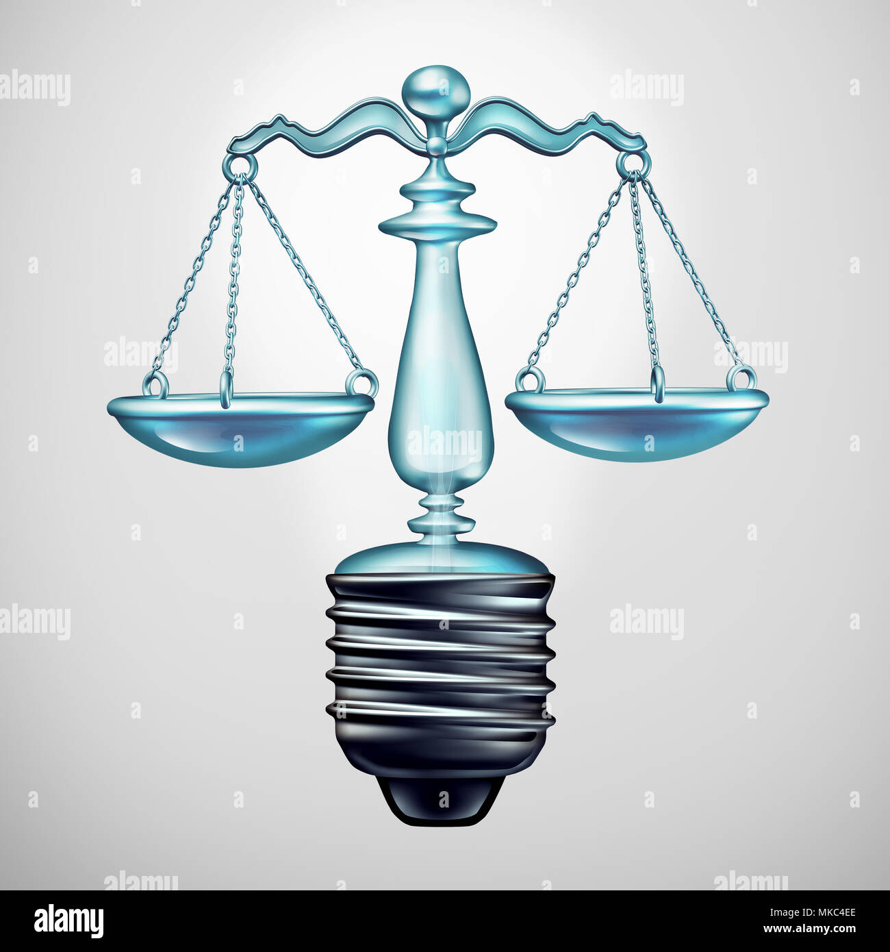 Solution de droit juridique et concept d'idées et de jugement en tant que symbole d'une ampoule à l'échelle de la justice comme une métaphore de la nouvelle législation et l'avocat des idées. Banque D'Images